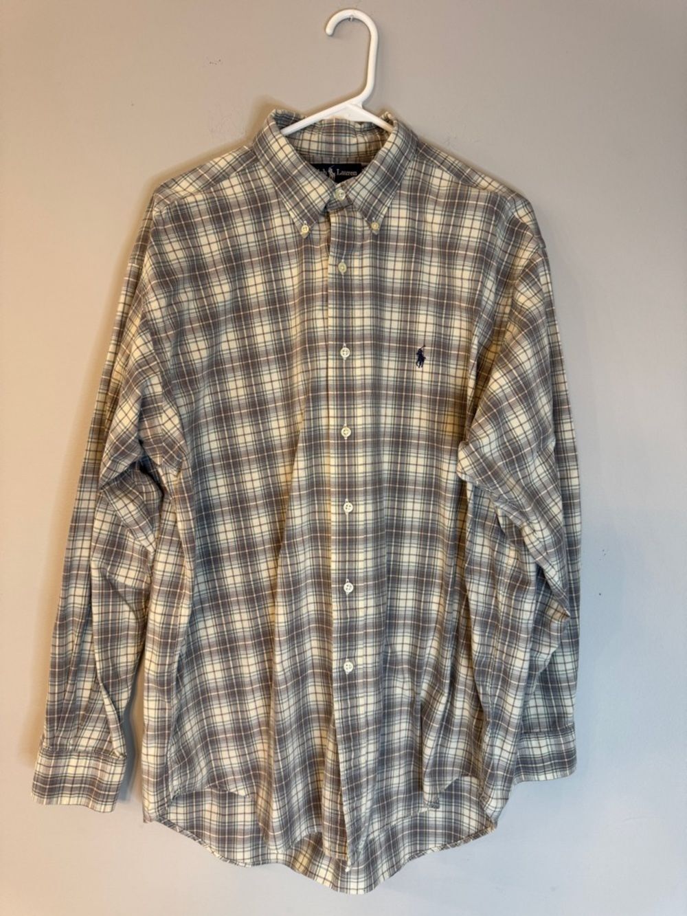 Ralph Lauren Men's Plaid Button-Down Shirt in Beige and Gray/Size Large